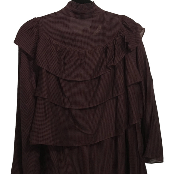 LOA Women's High Neck Tiered Layered Ruffle Mini Dress Size 1/ Small Brown - Picture 2 of 11